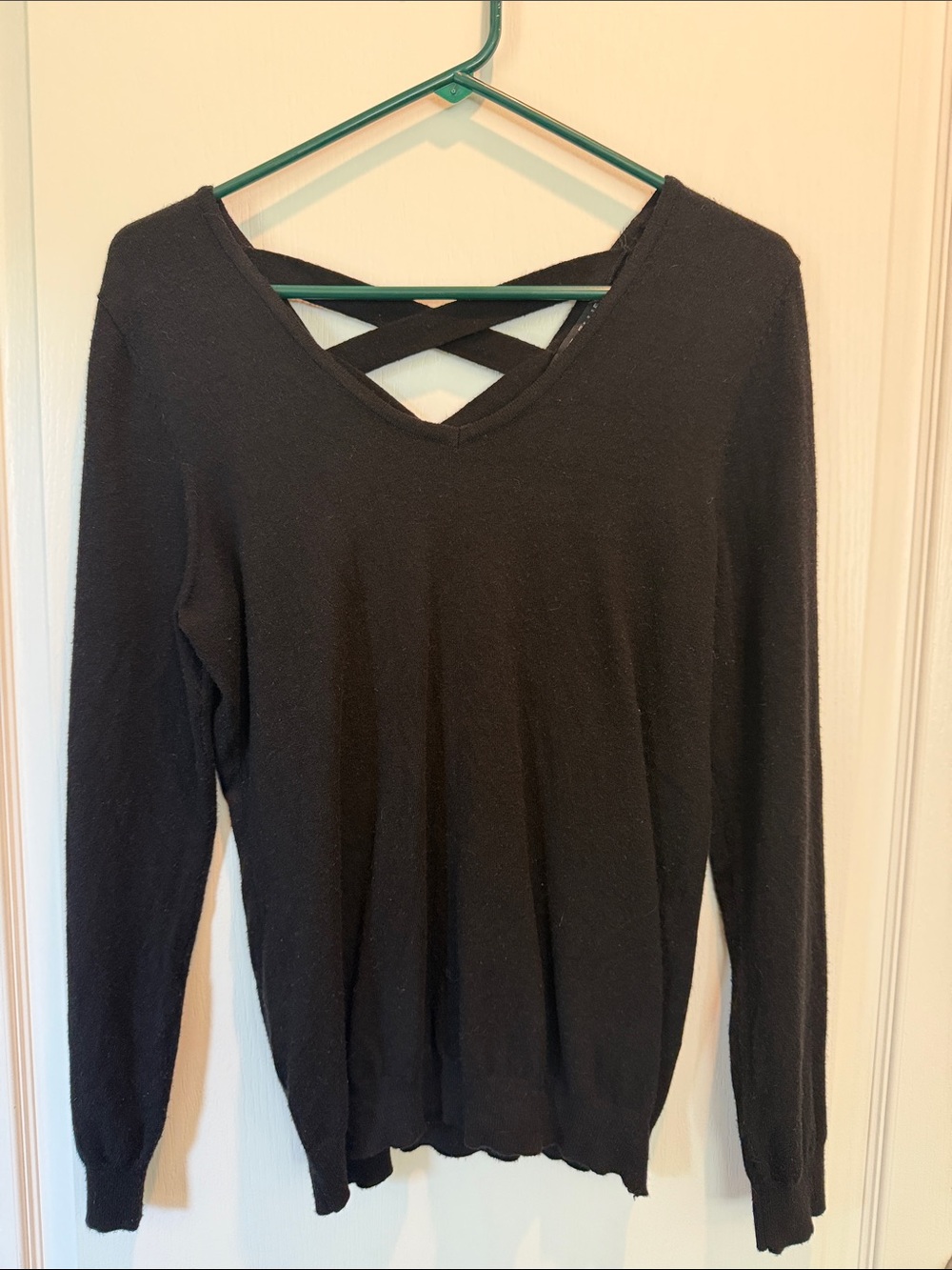 Women's Black Long-Sleeve V-Neck Sweater with Crisscross Back